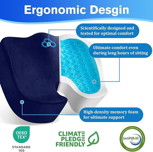 CushyOasis Seat Cushion, Gel Chair Cushions, Office Chair Cushions, Anti-Slip Bottom & Removable Cover Tailbone Pain Relief Cushion, Memory Foam Seat Cushion, 5.28 in Thick (Blue)