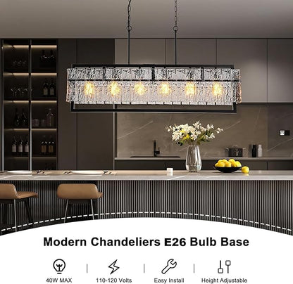 Modern Chandeliers for Dining Room, 6-Light Large Black Rectangle Kitchen Island Lighting with Water Ripple Glass, 42” Crystal Linear Chandelier Light Fixture Over Table for Living Room