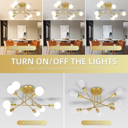 CANMEIJIA 8-Lights Gold Chandelier Sputnik Light Fixture, Sputnik Mount Chandelier Ceiling Lighting, Mid Century Ceiling Lights Fixtures for Bedroom, Dining Room, E26 Base, Bulbs Not Included