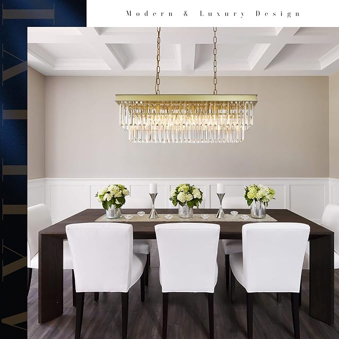 A AXILIXI Rectangular Crystal Chandelier Gold for Dining Room Modern Chandelier Rectangle Linear Pendant Light Fixtures for Kitchen Island L33” K9 Luxury Long Chandelier for Living Room