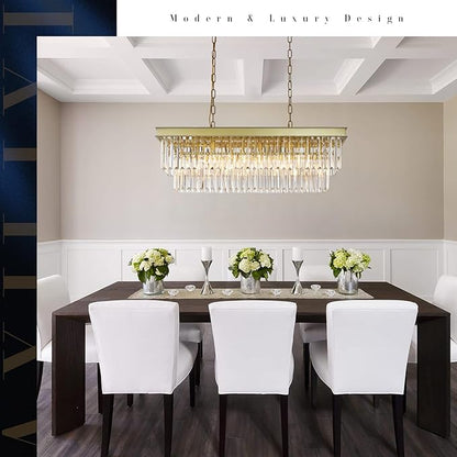 A AXILIXI Rectangular Crystal Chandelier Gold for Dining Room Modern Chandelier Rectangle Linear Pendant Light Fixtures for Kitchen Island L33” K9 Luxury Long Chandelier for Living Room