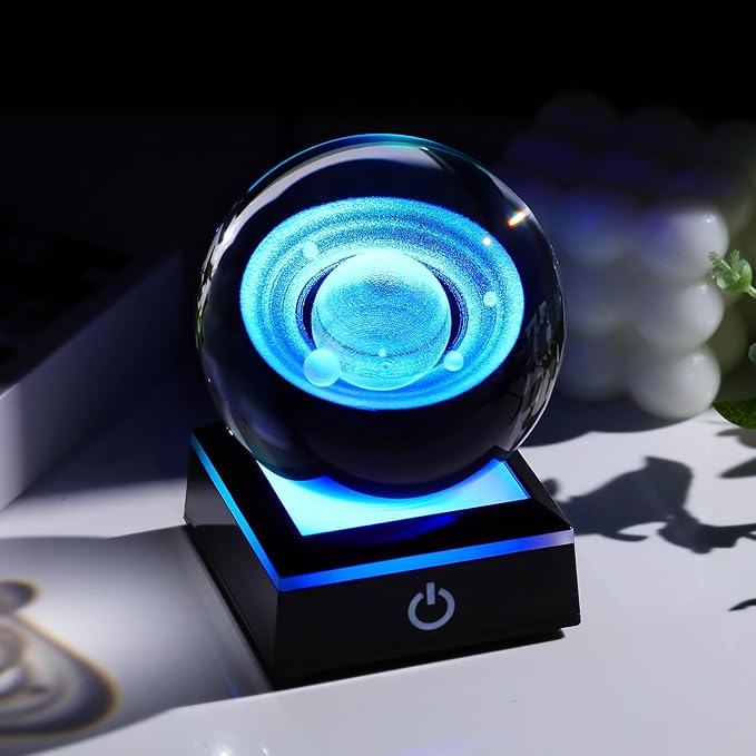 Arikyrist 3D Saturn Crystal Ball Figurine with LED Base, Laser Engraved Glass Planet Model Sphere Gifts for Home Office Decor, Saturn Planet Model Space Universe Gifts for Astronomy Lovers (80mm)