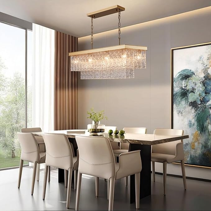 35.4 Inch 11-Light E12 Modern Dining Room Chandelier, Kitchen Island Chandelier Gold Rectangular, Water Ripple Glass Adjustable Hanging Ceiling Light Fixture