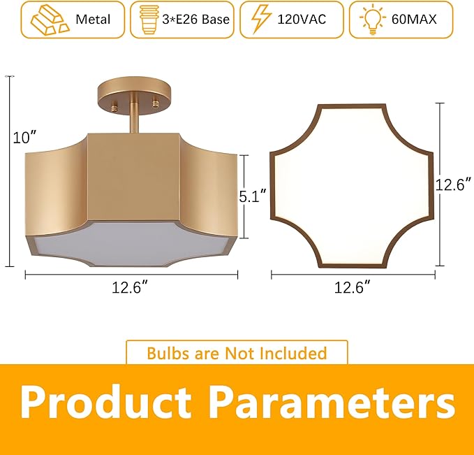 12.6'' Modern Gold 3-Light Ceiling Light Fixture, Metal Industrial Semi Flush Mount Close to Ceiling Light, Farmhouse Light Fixtures Ceiling Mount, Geometry Chandelier for Kitchen, Dining Room
