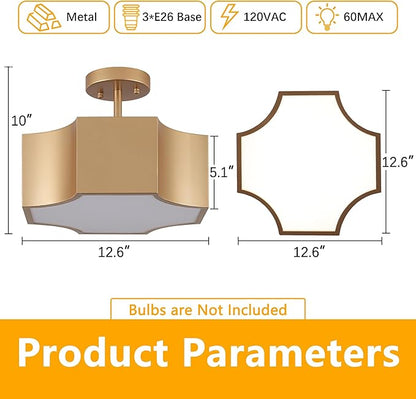 12.6'' Modern Gold 3-Light Ceiling Light Fixture, Metal Industrial Semi Flush Mount Close to Ceiling Light, Farmhouse Light Fixtures Ceiling Mount, Geometry Chandelier for Kitchen, Dining Room