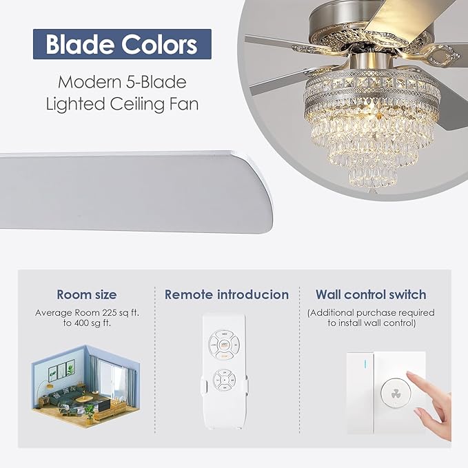 Asyko Crystal Ceiling Fan Fandelier with Lights and Remote Control，52" Modern Silver Chandelier Ceiling Fans with Reversible Blades, Silent Motor，Fandelier Ceiling Fan with Light Chrome