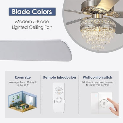 Asyko Crystal Ceiling Fan Fandelier with Lights and Remote Control，52" Modern Silver Chandelier Ceiling Fans with Reversible Blades, Silent Motor，Fandelier Ceiling Fan with Light Chrome