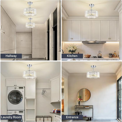 YURNYQ Chrome Crystal Chandelier, Small Modern Semi Flush Mount Ceiling Chandelier Light Fixtures, Round Hanging Lighting Fixture for Kitchen Bedroom Hallway Entryway Laundry Room, 3-Light, 11.8 Inch