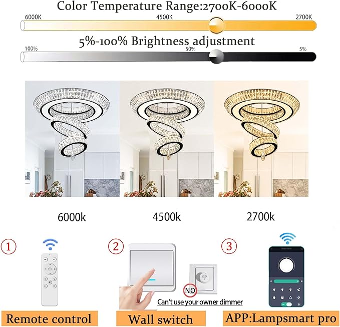 32 in Black LED Ring Chandelier, Crystal Ceiling Light for Living Room Flush Mount Chandelier Lighting Remote Dimmable, Compatible with Sloped Ceiling