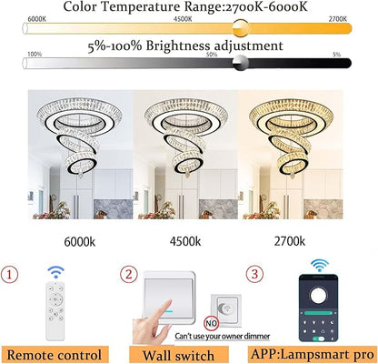 32 in Black LED Ring Chandelier, Crystal Ceiling Light for Living Room Flush Mount Chandelier Lighting Remote Dimmable, Compatible with Sloped Ceiling