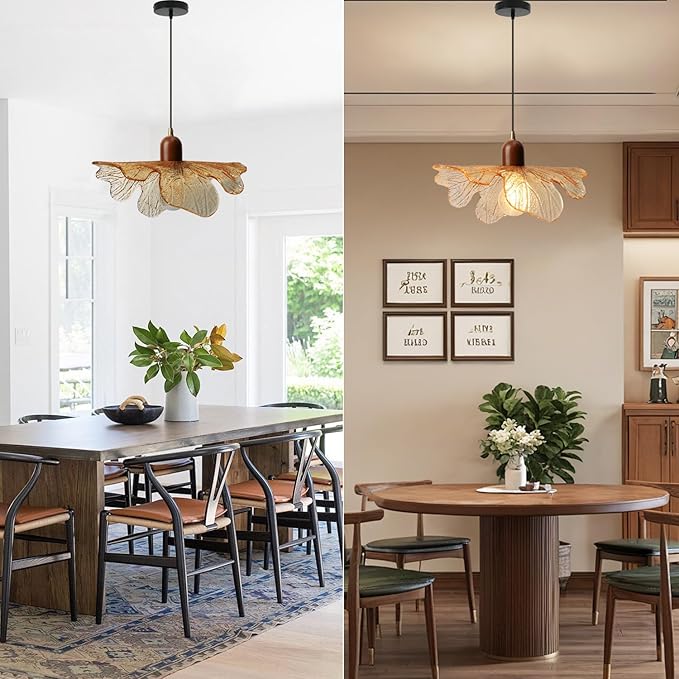 Amber Glass Pendant Light Vintage Kitchen Island Over Hanging Lights 13-inch Glass Shade Natural Wood Chandelier for Living Room Dining Room Bedroom, 1-Light