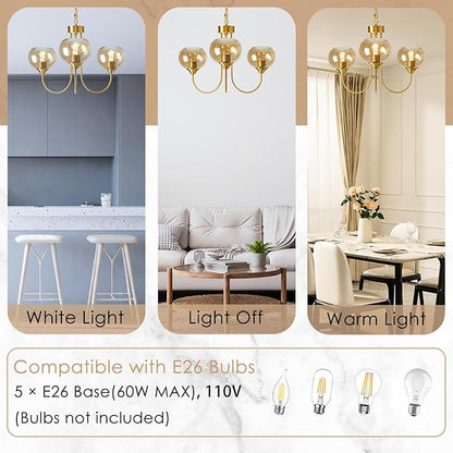 Mid Century Modern Globe Chandelier 3 Light Amber Glass Vintage Sputnik Chandeliers Gold Pendant Light Fixtures for Dining Room Kitchen Living Room Bedroom