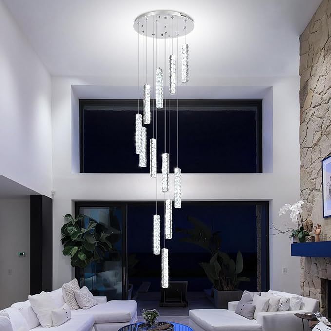 Long Spiral Crystal Chandelier Lighting for Foyer Silver 12-Light Staircase Chandelier High Ceiling Slopped LED Dimmable 2700K-6000K
