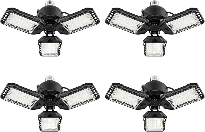 Aoretic LED Garage Lights Bulb 4 Pack -80W, 8000LM 6500K Led Shop Light with 3 Deformable Panels, Basement Barn Light Garage Ceiling Lights, E26/E27 for Garage, Warehouse, Shop, Basement