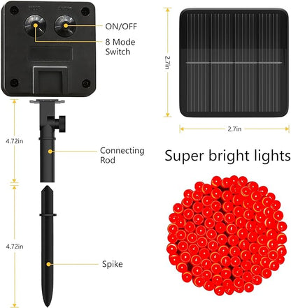 Flechllary Solar String Lights for Outside, 39Ft 100 LED Solar String Lights Outdoor with 8 Modes，Solar Lights for Outside Waterproof for Yard, Fence,Balcony, Party,Christmas Tree Decorations (Red)