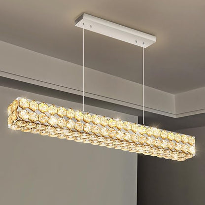 40'' Modern Crystal Chandelier for Dining Room Ceiling Light Fixture for Living Room Hallway Lighting LED Dimmable with Remote Silver