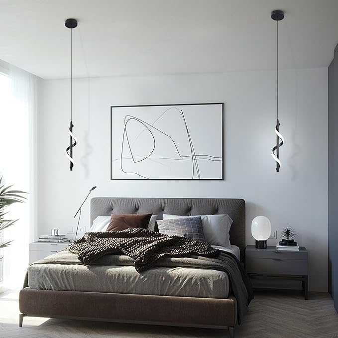 13W Modern Spiral Led Pendant Light Fixture, Cold White 5500K Minimalist Integrated LED Hanging Lamp, Adjustable Hanging Island Light Fixture For Bedroom Living room Kitchen Sink, 1 Pack (Black)