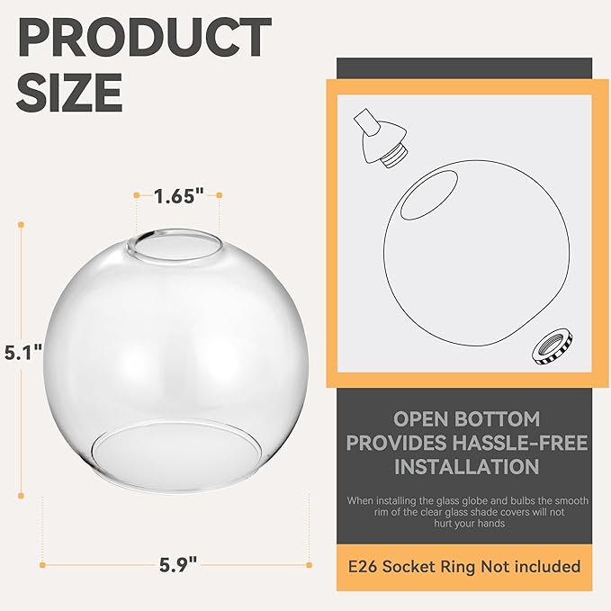 3 Pack Clear Glass Shade Replacements, Globe Glass Lamp Shade Covers for Light Fixtures, 1.65 In Fitter 5.1 In Height 5.9 In Diameter Globes Lampshades for Wall Sconces Chandelier Pendant Lights