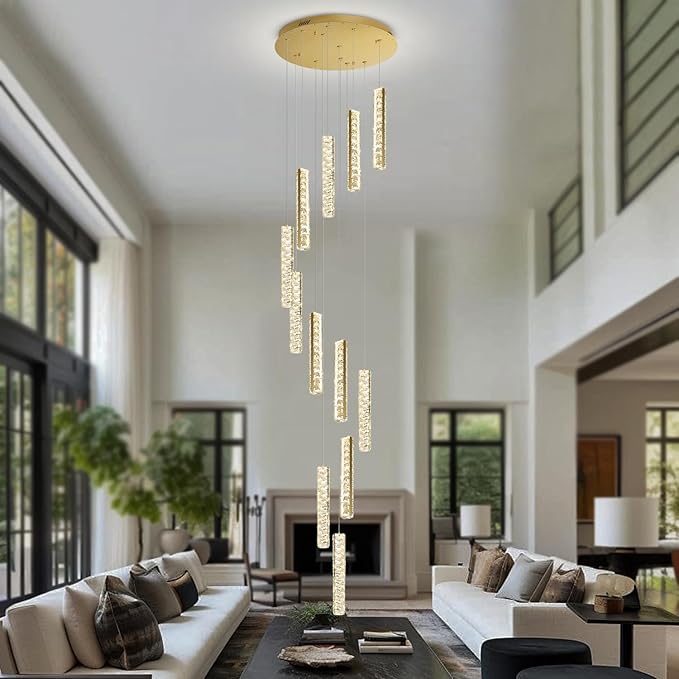 Long Spiral Crystal Chandelier Lighting for Foyer 12-Light Gold Staircase Chandelier High Ceiling Slopped LED Dimmable 2700K-6000K