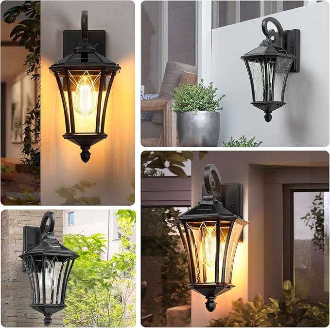 YSN 16" Solar Wall Lights Outdoor, Dusk to Dawn Exterior Lighting Fixtures, Black Solar Porch Lights Outdoor Sconce Lights, Waterproof Outside Light for House Porch Garage Yard, 1 Pack