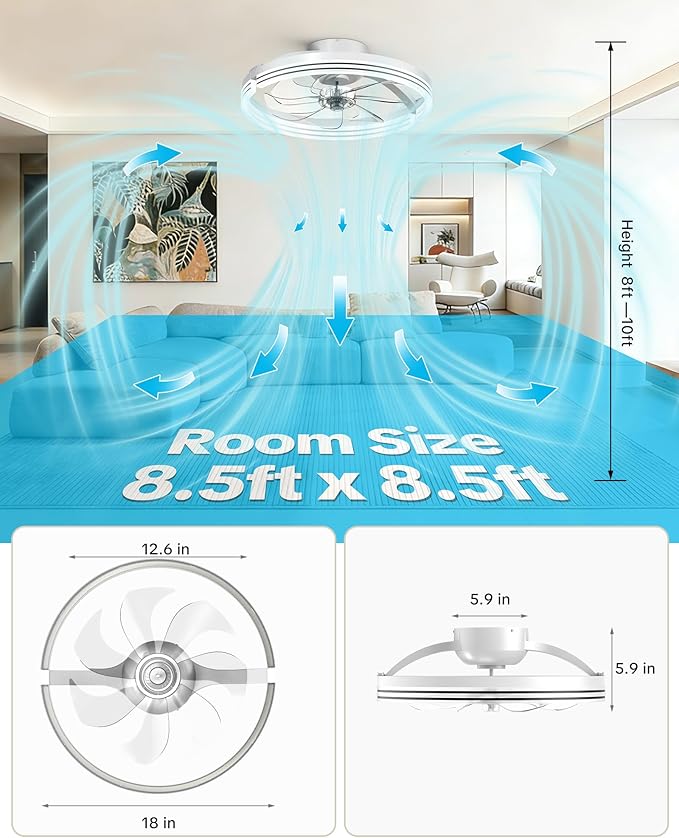 Ceiling Fans with Lights and Remote Low Profile Flush Mount LED Ceiling Fan with Lights 3000K-6500K Dimmable Foldable Fandelier Light 6 Wind Speeds Night Light for Bedroom Living Room White