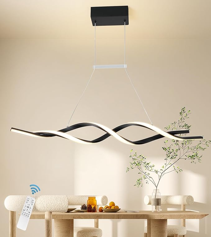 Jaycomey Modern Chandelier for Dining Room Dimmable LED Pendant Light with Remote Control, Acrylic Wave Chandeliers Adjustable Hanging Chandeliers for Bedroom Kitchen Living Room,3000K-6000K,28W,Black