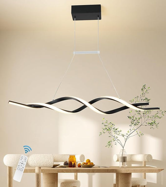 Jaycomey Modern Chandelier for Dining Room Dimmable LED Pendant Light with Remote Control, Acrylic Wave Chandeliers Adjustable Hanging Chandeliers for Bedroom Kitchen Living Room,3000K-6000K,28W,Black