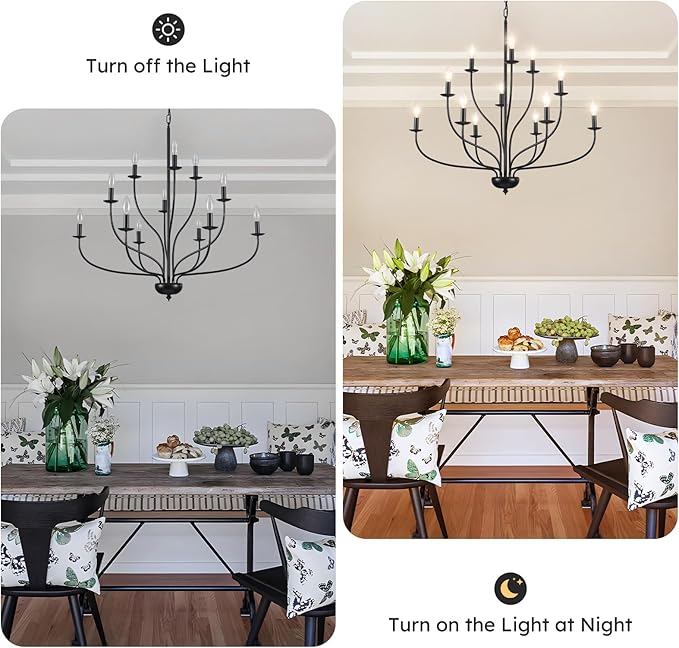 36" Black Farmhouse Chandelier for Dining Room, Modern Large Foyer Chandelier 12-Light Industrial Metal Candle Lighting Fixtures, Modern Farmhouse Chandeliers for Living Room Hallway Entryway E12
