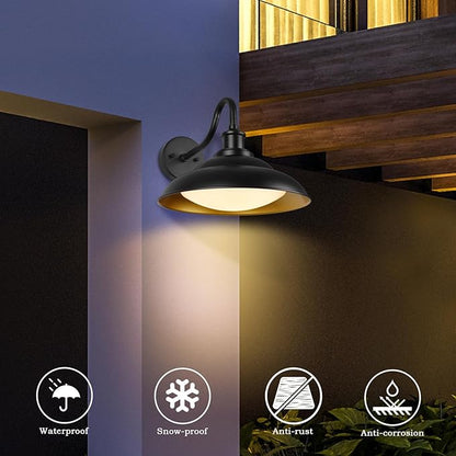 LED Outdoor Barn Lights, 12 Inch Farmhouse Exterior Wall Light Fixtures with Adjustable Color Temperature, Black Porch Lights Outside for House, Outdoor & Indoor, Gold Interior, 1 Pack