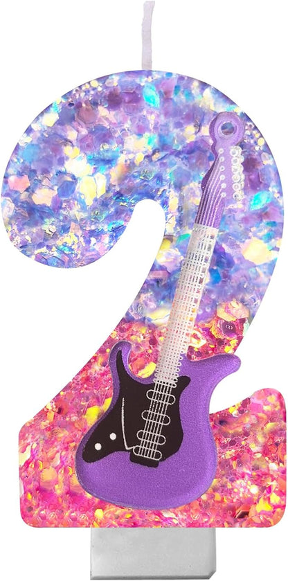 K-Pop Birthday Candle – Purple & Pink Glitter Music Theme Cake Candle with Guitar, Musical Party Decor for Girls, Teens, Kpop Fans (2)