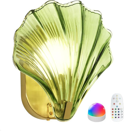 Vintage Battery Operated Wall Sconces with Remote, Green Rechargeable Wireless Wall Sconces with Magnetic LED Bulbs, Indoor Shell Shaped Wall Lights for Living Room, Bedroom, Bedside, Doorway