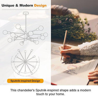 MQMQA Sputnik Chandeliers Dining Room Light Fixture (12-Light, 33-Inch), Modern Brushed Brass Chandelier, Height Adjustable Mid Century Modern Chandeliers for Dining Room Kitchen (Bulbs not Included)
