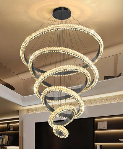 47" 6 Ring Crystal Chandelier Modern LED Dimmable Ring Pendant Light Chandelier for Dining Room Living Room Black