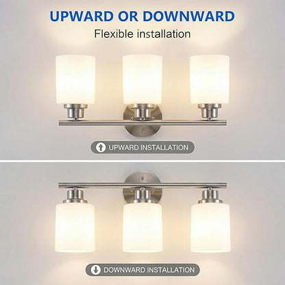 Unicozin 3 Light Bathroom Light Fixtures, Modern Vanity Lights with Milky Glass Shade, Brushed Nickel Wall Lamp Over Mirror for Bathroom, Living Room, Cabinet, Bedroom, E26 Base