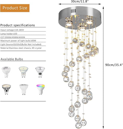 FRIXCHUR Spiral Flush Mount Chandelier Modern Raindrop Crystal Pendant Light for High Ceilings K9 Crystal Ball Chandeliers for Dining Room Bedroom Stair D11.8 H35.4