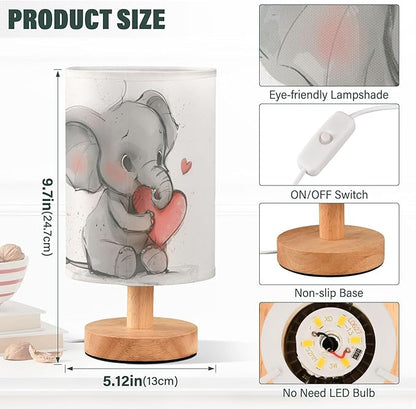 Table Lamp Elephant Love Heart Nightstand Lamp with Wood Base Fabric Lamp Shade Bedside Desk Lamp for Living Room Bedroom Kids Room Office