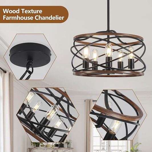 19.7'' Farmhouse Industrial Chandelier for Dining Room, 5-Light Rustic Black and Brown Metal Wood Texture Drum Chandeliers Hanging Light Fixture for Entryway Kitchen Foyer Bedroom Living Room
