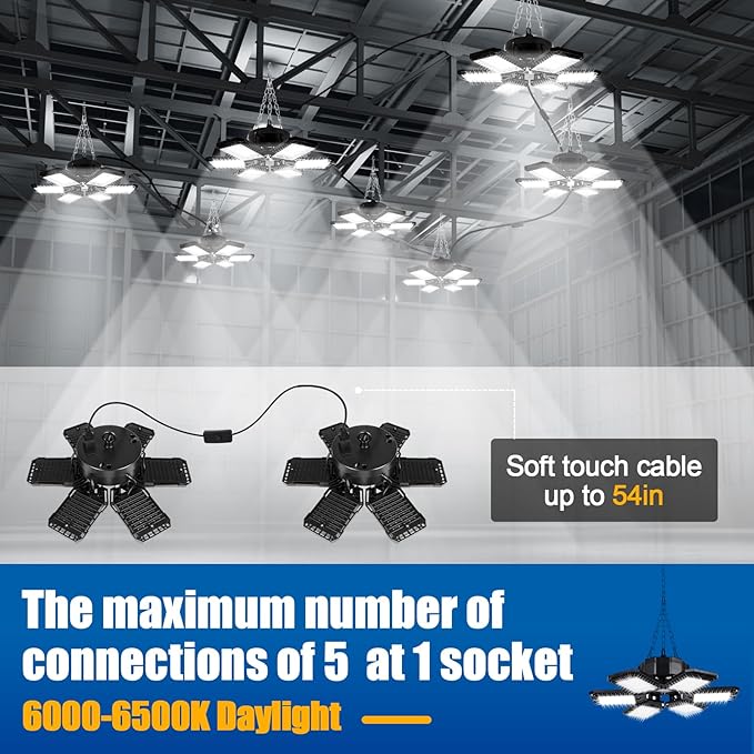 Aoretic LED Garage Lights 2 Pack -180W, 18000LM 6500K Led Shop Light with 6+1 Deformable Panels, Basement Barn Light Garages Ceiling Lights, E26/E27 for Garage, Warehouse, Shop, Basement