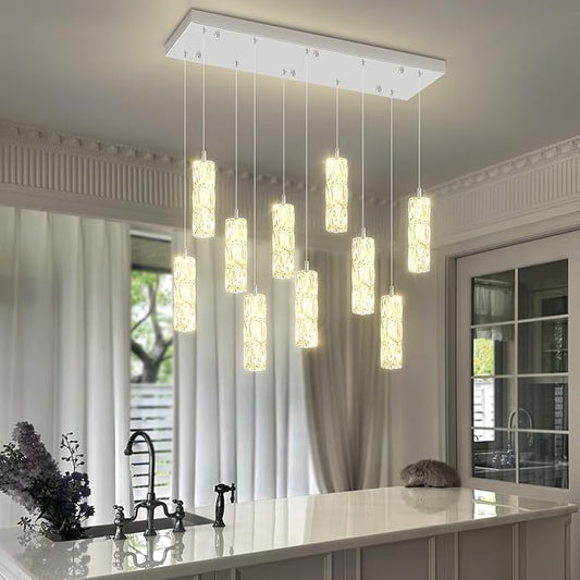 ykolupty Modern Crystal Chandelier 10-Lights Rectangle Pendant Light LED Dimmable Silver Linear Chandelier Flush Mount Crystal Pendant Light for Living Room Dining Room Foyer