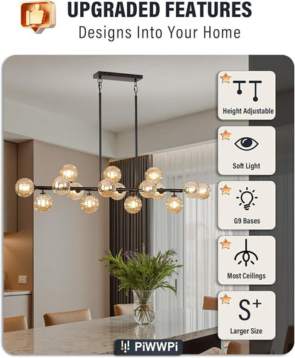 Large Linear Chandeliers for Dining Room Kitchen Island, 55" Long Light Fixture Over Table, 16-Light Modern Globe Sputnik Farmhouse Chandelier, Black and Amber Bubble, GC-08