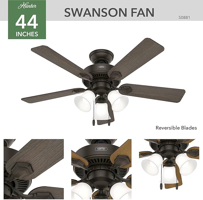 Hunter 44 inch Indoor Ceiling Fan with LED Lights - Bronze Ceiling Fan with Pull Chain, For Bedroom, Living Room, or Kitchen, Standard Mount, No Remote, 5 Blades - Swanson 50881, New Bronze