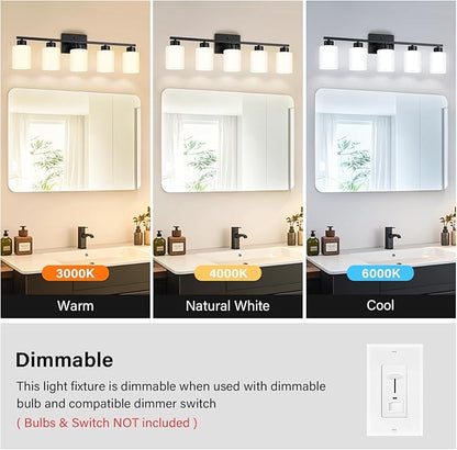 FonmYim Black Bathroom Light Fixtures, 5-Light Modern Vanity Light Over Mirror, Wall Sconces with Milky White Frosted Glass Shades, E26 Socket (Bulbs Not Included)