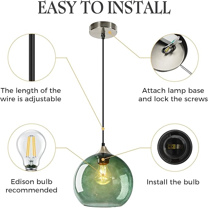 9.1in Large Green Glass Pendant Light for Kitchen Island（1-Pack）, Includes Extra Bulb & 4.92FT Adjustable Cord, Modern Pendant Lighting Fixtures for Kitchen, Dining Room, Living Room