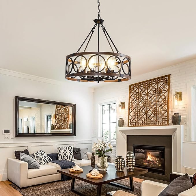 21'' Farmhouse Chandelier, 6-Light Walnut Wood Grain Dining Room Light Fixture Over Table, Rustic Industrial Drum Hanging Pendant Lights Fixture for Kitchen Island Bedroom Hallway Foyer Entryway