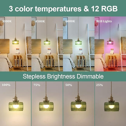 Shenmoyl Battery Operated Pendant Light 5000mAh Rechargeable Chandelier with Remote Control Wireless Adjustable Hanging Green Striped Light for Kitchen Island Dining Room Hallway, 2 Pack