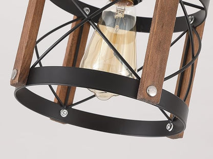 2 Pack Rustic Farmhouse Wood Flush Mount Ceiling Light Fixture Oak Wood and Metal Round Cage Small Semi Flush Mount Ceiling Light for Kitchen Entry Bedroom Country Hallway Farmhouse, Black