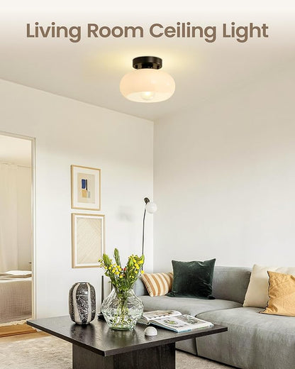 Yunnix Semi Flush Mount Ceiling Light, Black Light Fixture, Mid-Century Modern Farmhouse Milk Glass Small Light Fixtures for Hallway, Bathroom, Kitchen, Bedroom, Living Room, Closet(8.66 Inch)