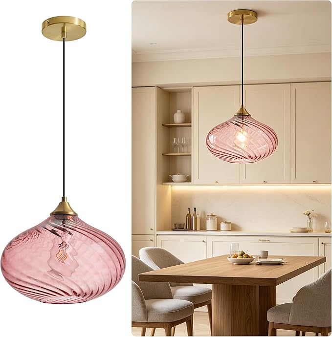 Glass Pendant Lights Kitchen Island, 11'' Brass Gold Pendant Lighting Fixtures, Modern Hanging Ceiling Light with Striped Purple Pink Glass Shade for Farmhouse Dining Room Bedroom Hallway(1 Pack)