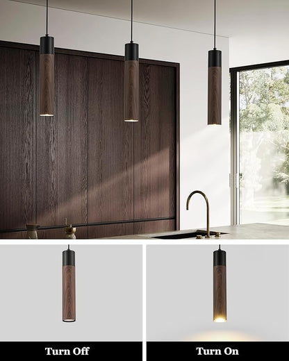 ELYONA LED Pendant Lights for Kitchen Island Walnut Wood Grain & Matte Black Metal, Modern Cylinder Pendant Light Fixtures for Dining Room Bedroom Office, GU10 Bulbs Included Adjustable Height, 3 Pack