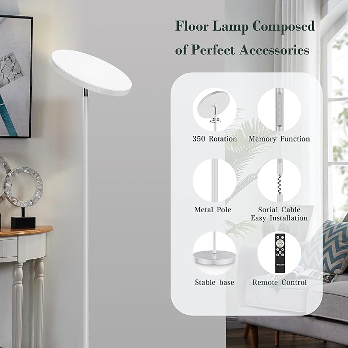 OHLUX Gray Floor Lamp, 32W/2500LM Super Bright Dimmable Sky LED Modern Torchiere Standing Lamp, LED Floor Reading Lamp with 4 Color Temperatures, Remote Touch Control, 1 Hour Timer for Living Room
